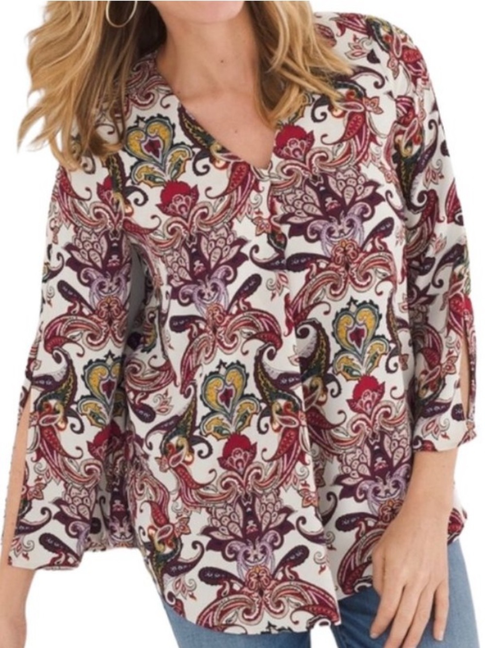 Chico's Paisley Split Sleeve Top Size 2XL 20/22 Relaxed Fit V-neck Work Office
